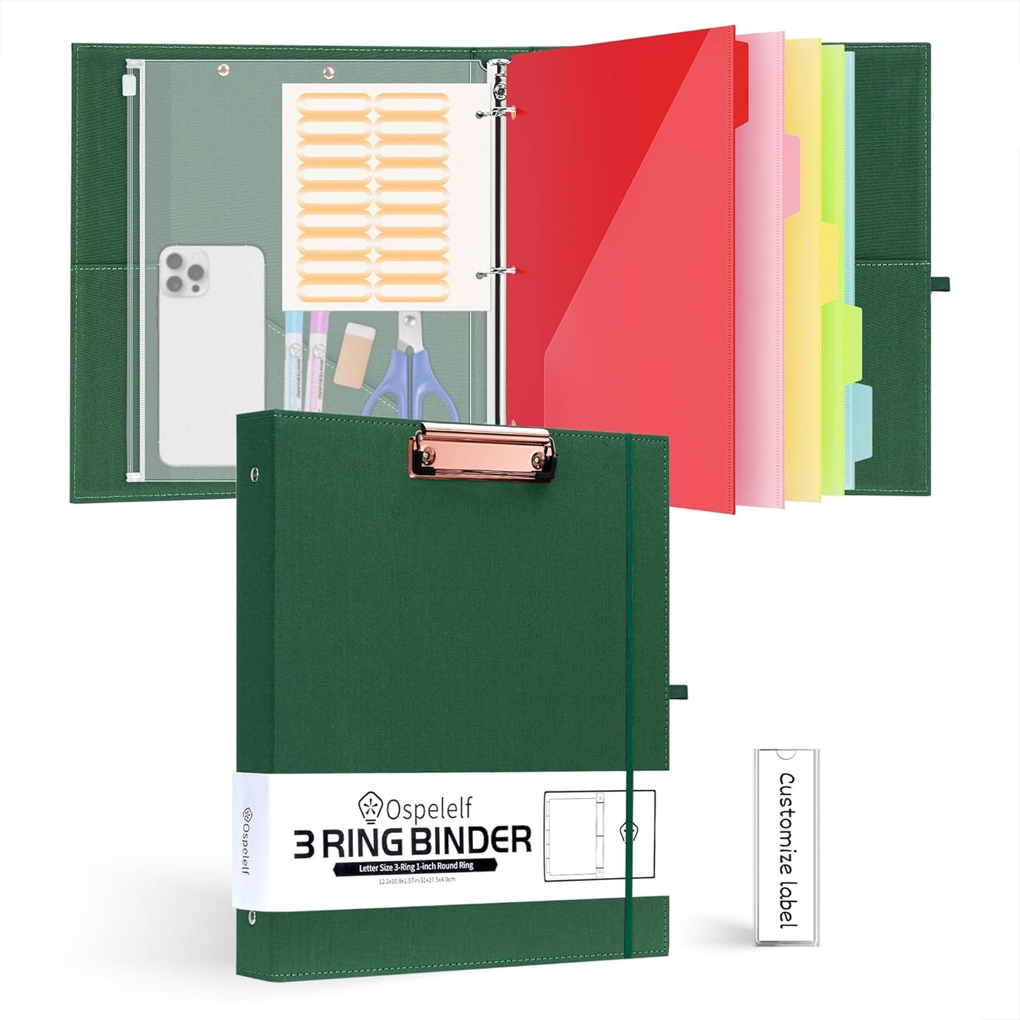 Foldable Spiral Clipboard Folio with Storage Zipper Pouch, 5 Plastic Folders with 10 Pockets,Refillable Lined Notepad (11" X 8.5"), Hardcover Project Organizer with 39 Stickers (Dark Green)