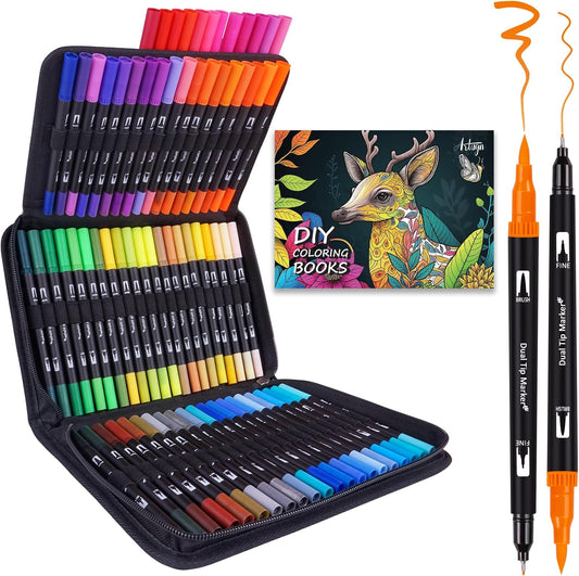 Dual Brush Marker Pens, 72 Colors Art Markers Set with Fine and Brush Tip for Kids Adult Coloring Book Bullet Journaling Note Taking Planner Hand Lettering Calligraphy Drawing Art Supplies Kit