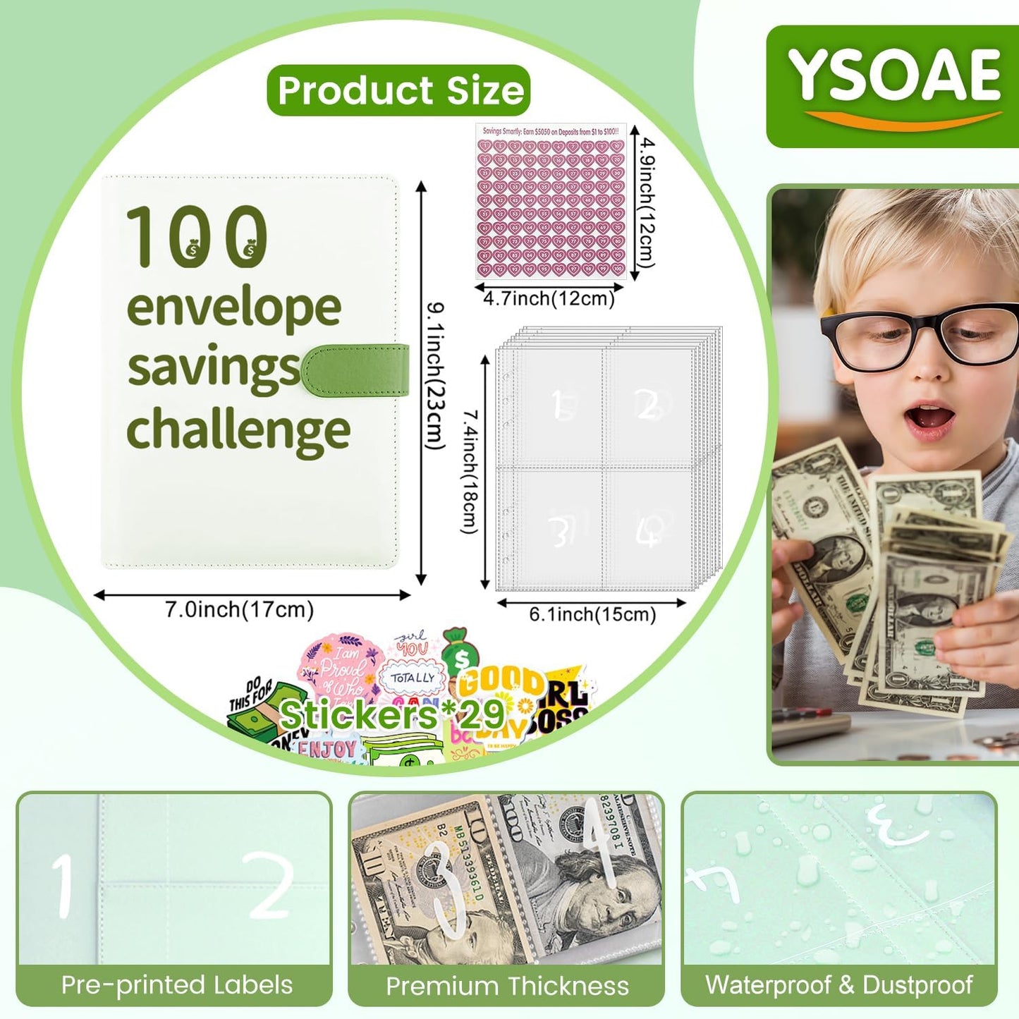 100 Envelopes Money Saving Challenge, 100 Envelope Challenge Binder, A5 Savings Challenges Book with Envelopes, Savings Challenges Budget Book Binder for Office,Home,School (Green)