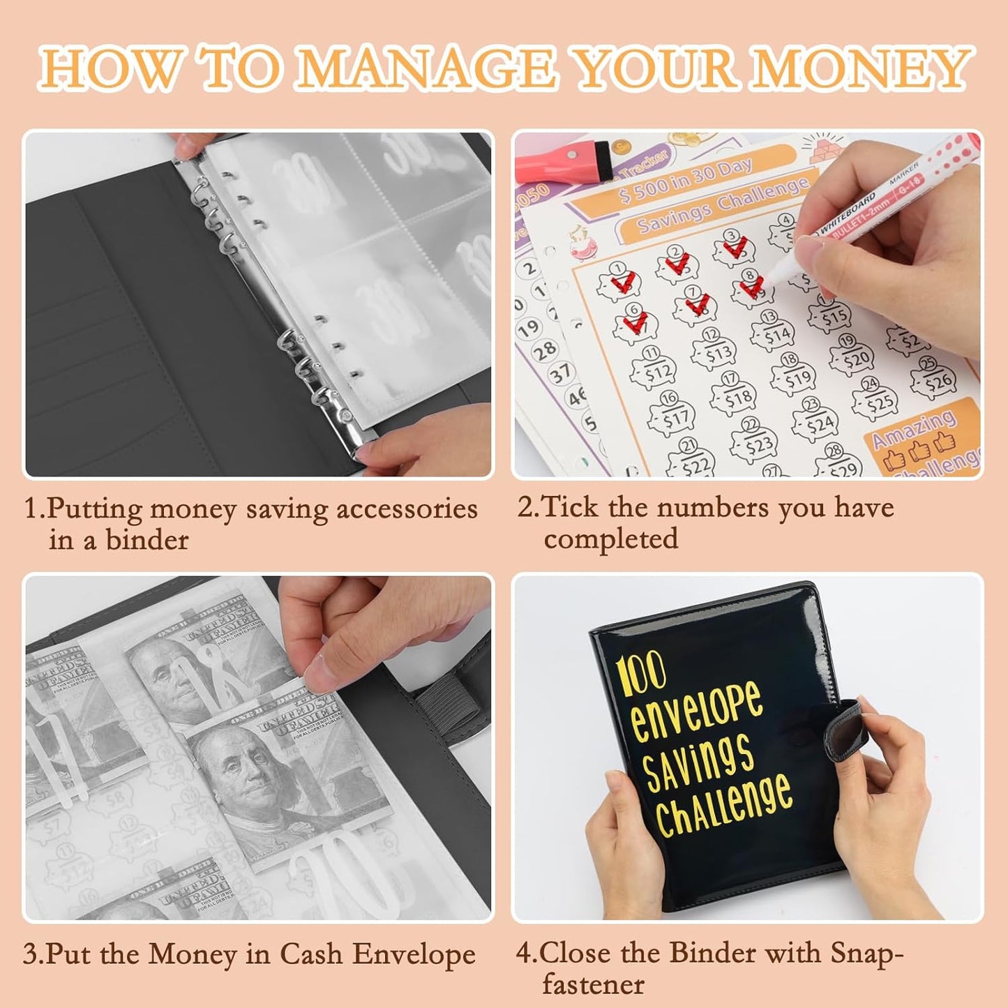 100 Envelopes Challenge Binder A5 Money Saving Binder, PU Leather Envelope Savings Challenge Book, Easy and Funny Way to save $500/$5,050 /$10,000, Budget Binder with Cash Envelopes-Black