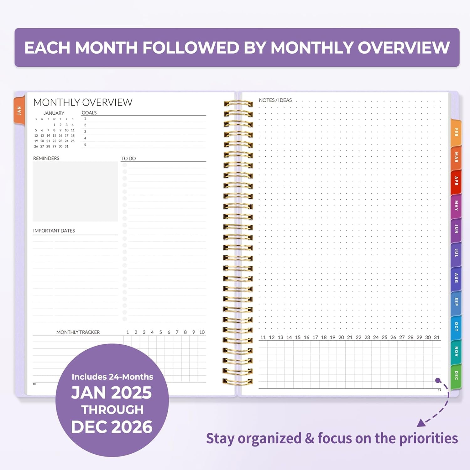 2025-2026 Monthly Planner - 24 Months (Jan 2025 - Dec 2026) Monthly Planner - 7"X10" Monthly Spreads & Yearly Planner, Purple