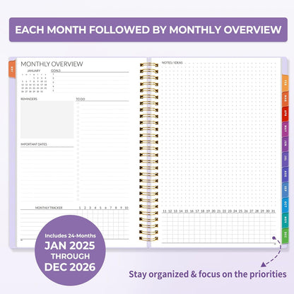 2025-2026 Monthly Planner - 24 Months (Jan 2025 - Dec 2026) Monthly Planner - 7"X10" Monthly Spreads & Yearly Planner, Purple