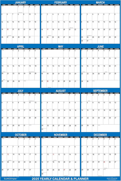 32" X 48" Swiftglimpse 2025 Wall Calendar Erasable Large XL Wet & Dry Erase Laminated 12 Month Annual Yearly Wall Planner, Reversible, Navy