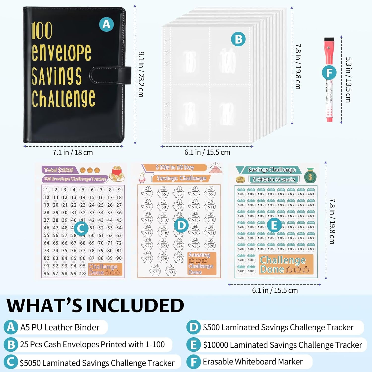 100 Envelope Challenge Binder A5 Money Savings Challenges Book with Cash Envelopes and Erasable Marker for Cash Saving Money Saving Binder to save $5,050, 10,000, 500 Black