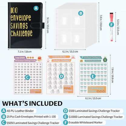 100 Envelope Challenge Binder A5 Money Savings Challenges Book with Cash Envelopes and Erasable Marker for Cash Saving Money Saving Binder to save $5,050, 10,000, 500 Black