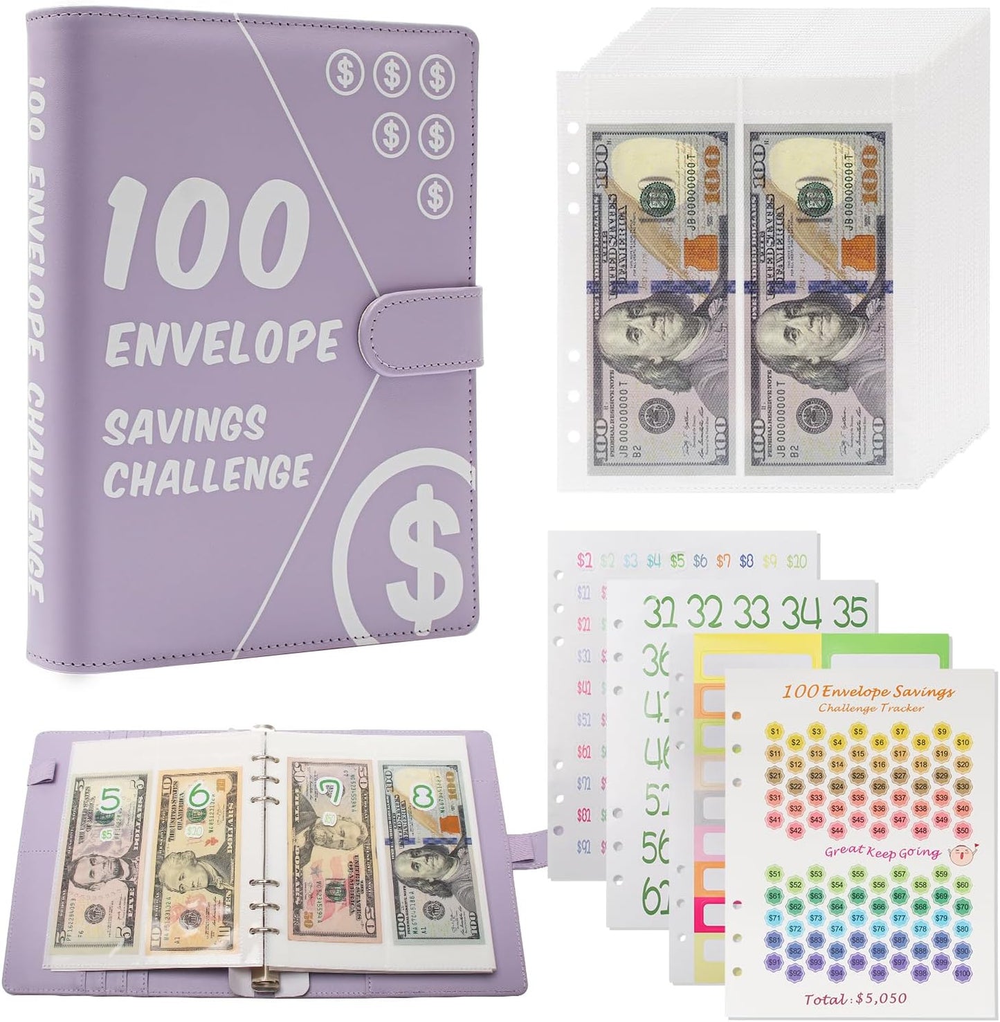 100 Envelopes Challenge Binder, Money Saving Challenge Book - Easy & Fun Way to save $5,050, Budget Binder with Cash Envelopes for Budgeting Planner & Saving Money - Purple