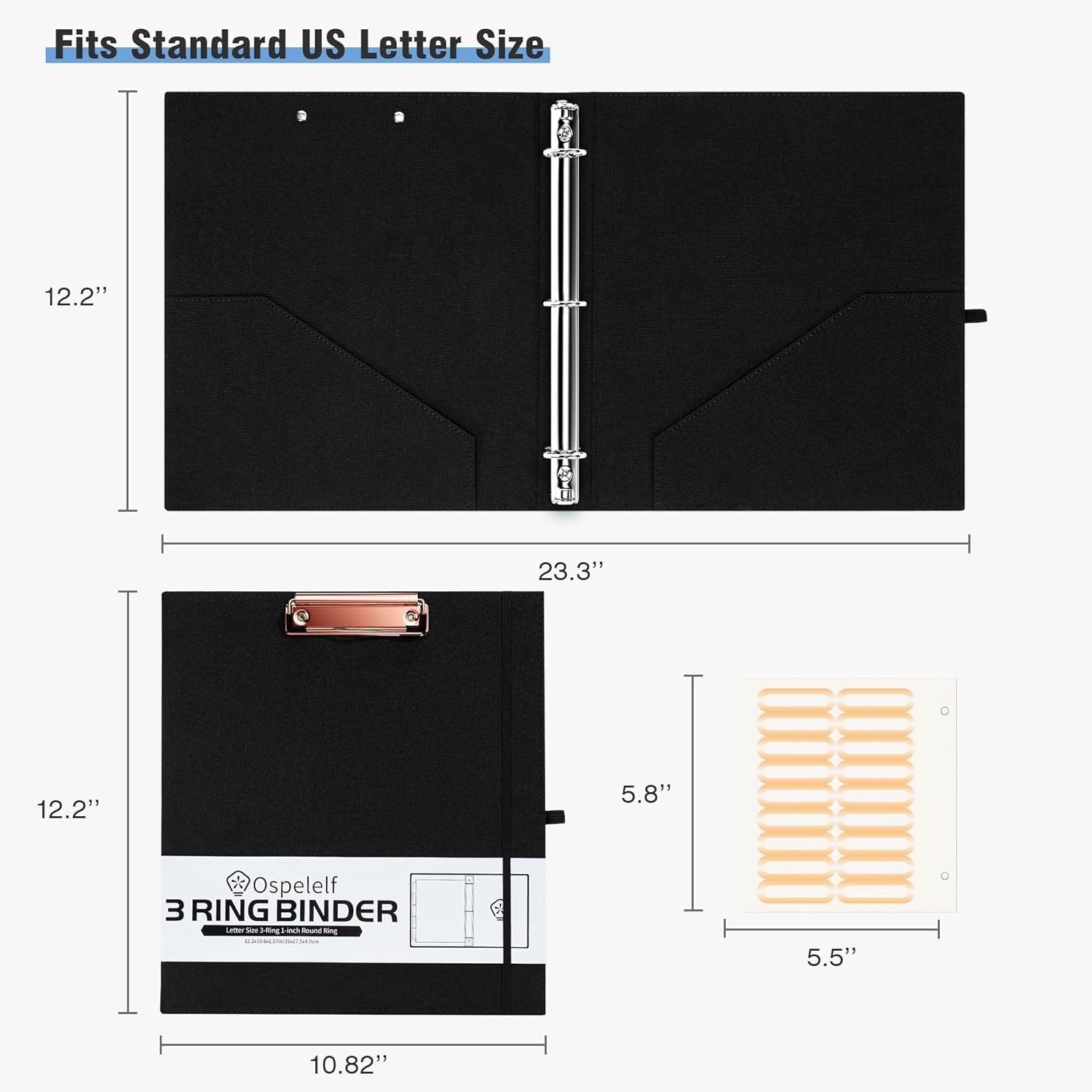 Foldable Spiral Clipboard Folio with Storage Zipper Pouch, 5 Plastic Folders with 10 Pockets,Refillable Lined Notepad (11" X 8.5"), Hardcover Project Organizer with 39 Stickers (Black)