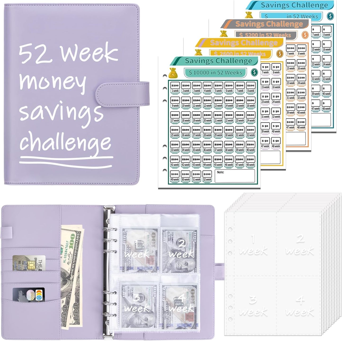 52 Week Money Saving Challenge Binder with Cash Envelopes, A5 Budget Binder Savings Challenges Book with 4 Saving Challenge Tracker to save $5,200 and $2,600 and $10,000 and DIY, Purple