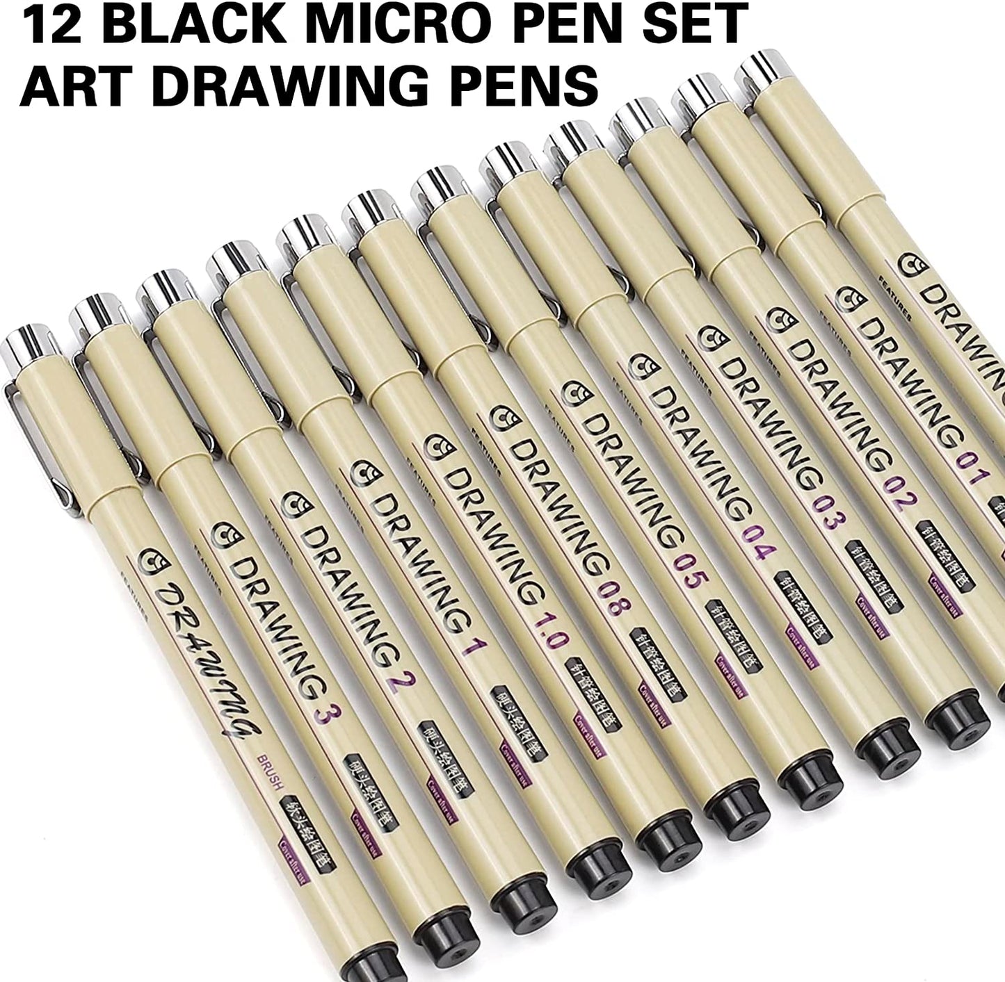 Muchcute Micro Fineliner Drawing Art Pens: 12 Black Fine Line Waterproof Ink Set Artist Supplies Archival Inking Markers Liner Sketch Outline Anime Gifts Manga Sketching Watercolor Zentangle Kit Stuff