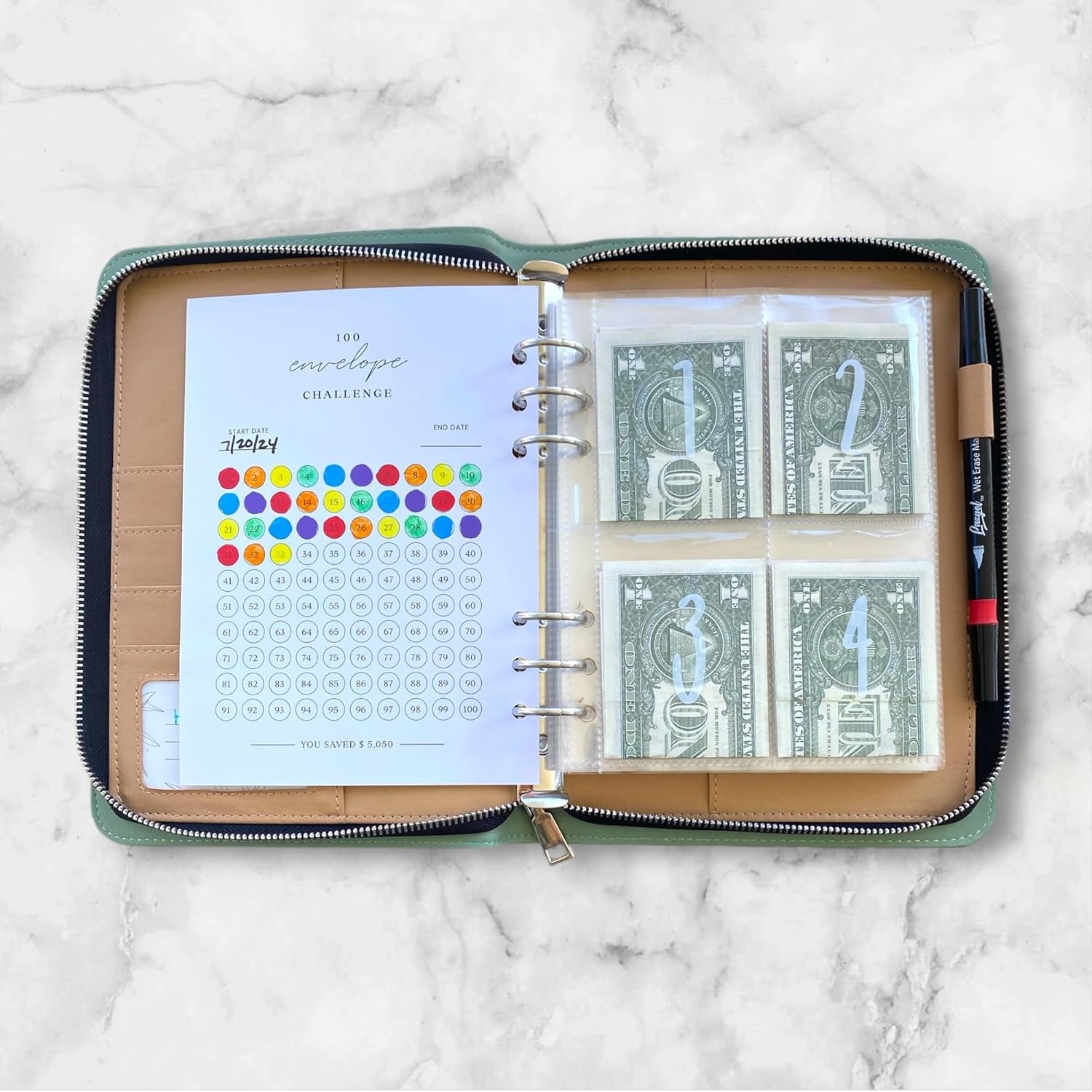 100 Envelopes Money Saving Challenge Binder - High-End, Challenge to save $5,050- A5 Savings Binder with 100 Cash Envelopes, Plant-Based Leather, Secure Zippered Cash Envelope Binder