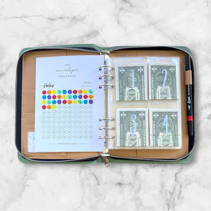 100 Envelopes Money Saving Challenge Binder - High-End, Challenge to save $5,050- A5 Savings Binder with 100 Cash Envelopes, Plant-Based Leather, Secure Zippered Cash Envelope Binder