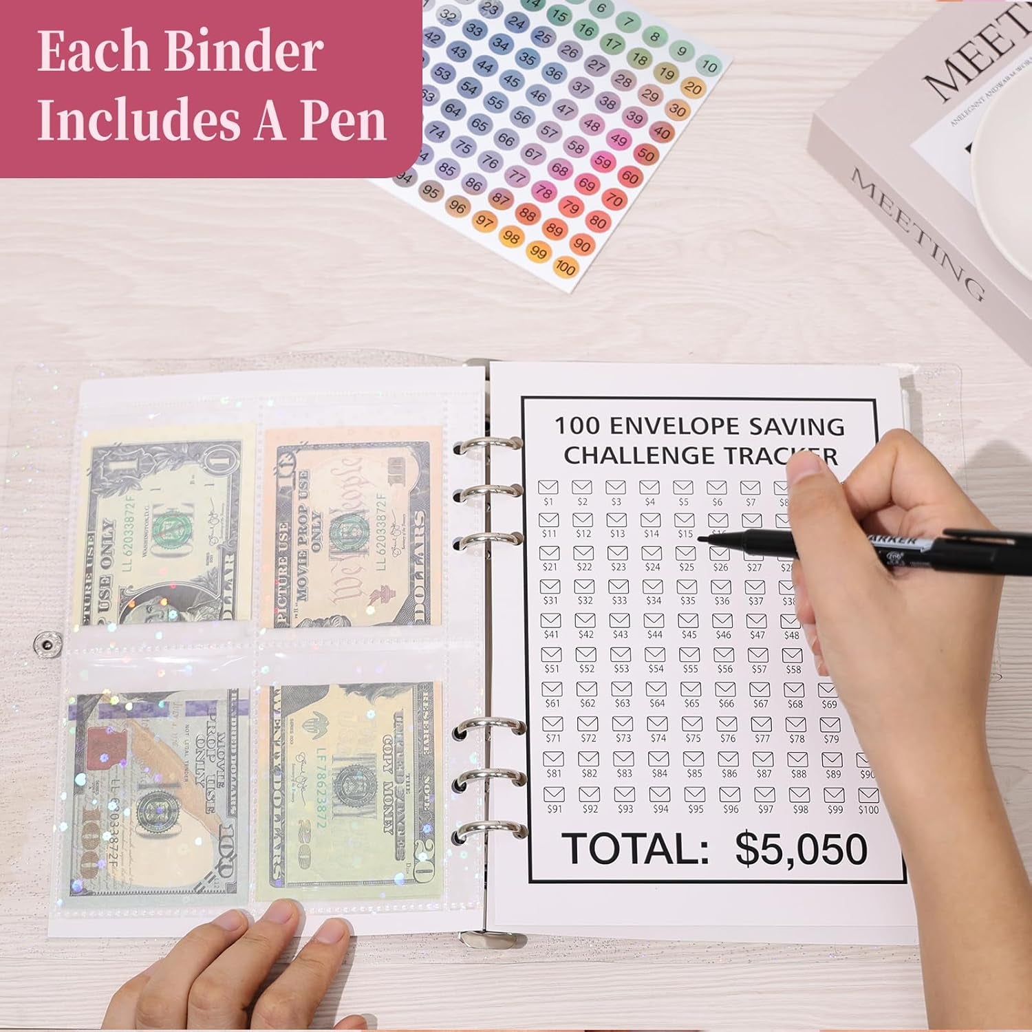 100 Envelopes Money Saving Challenge, 100 Envelope Challenge Binder, Money Saving Binder, Budget Book with Cash Envelopes to save $5,050, Envelope Savings Challenge Book and Budget Binder (Pink)