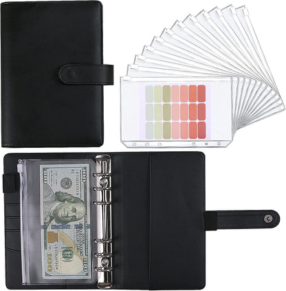 Money Saving Binder, Savings Challenges Book with for Cash Envelopes, 12Pcs Zipper Envelopes A6 Budget Binder, Budget Planner for Managing Budgets and Saving Money (Black-7.4In)