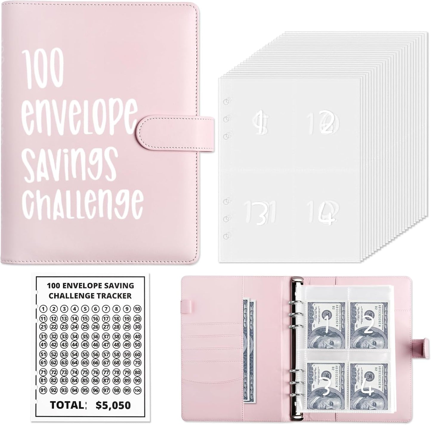 Money Saver Budget Binder Book with Pouches, 100 Envelope Challenge Binder with Numbers, A5 Money Budget Envelopes for Cash Saving $5,050 Pink