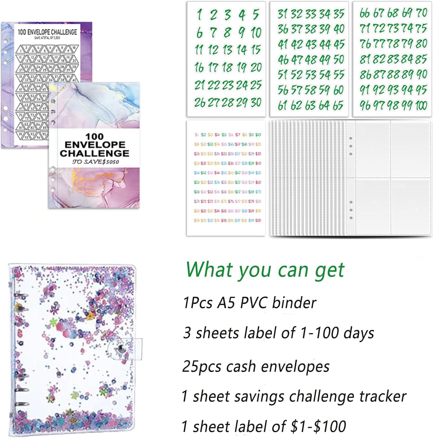 100 Days Money Savings Challenges Book,A5 Storage Budgeting Binder Money Organizer Cash Saving Challenge,Budget Planner Envelopes & Expense Sheets to save $5,050