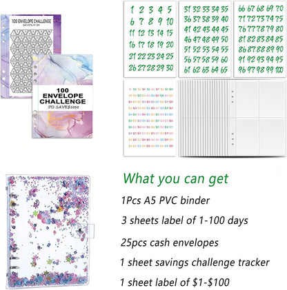 100 Days Money Savings Challenges Book,A5 Storage Budgeting Binder Money Organizer Cash Saving Challenge,Budget Planner Envelopes & Expense Sheets to save $5,050