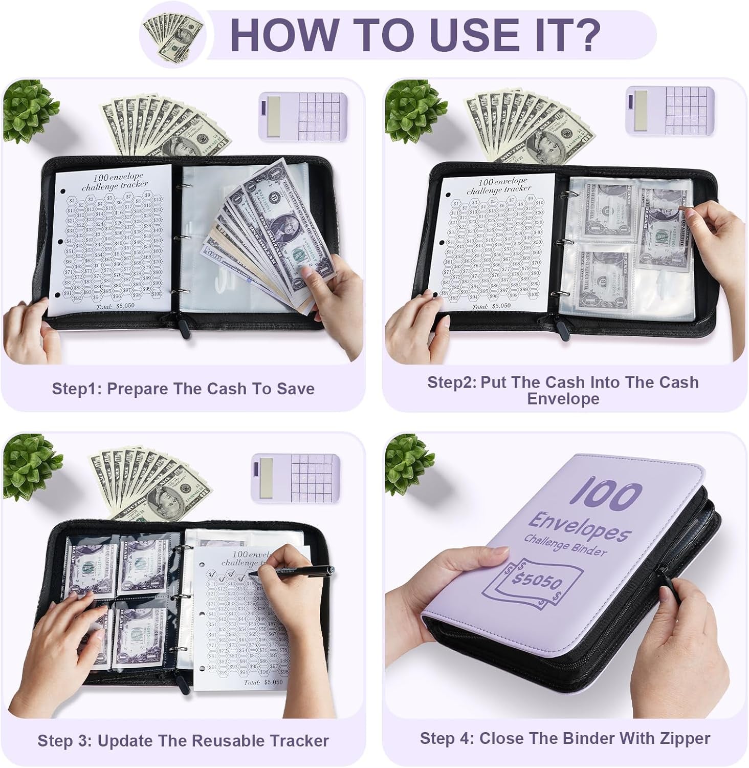 100 Envelopes Money Saving Challenge - Budget Binder Money Saving Challenge Book to save $5,050 with Cash Envelopes, A5 Binder for Money Saving Challenge Book, Purple