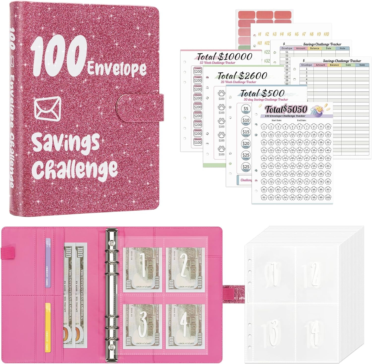 100 Envelopes Money Saving Challenge Book 52 Week Budget Binder with Cash Envelopes to save $10,000, Glitter Pink