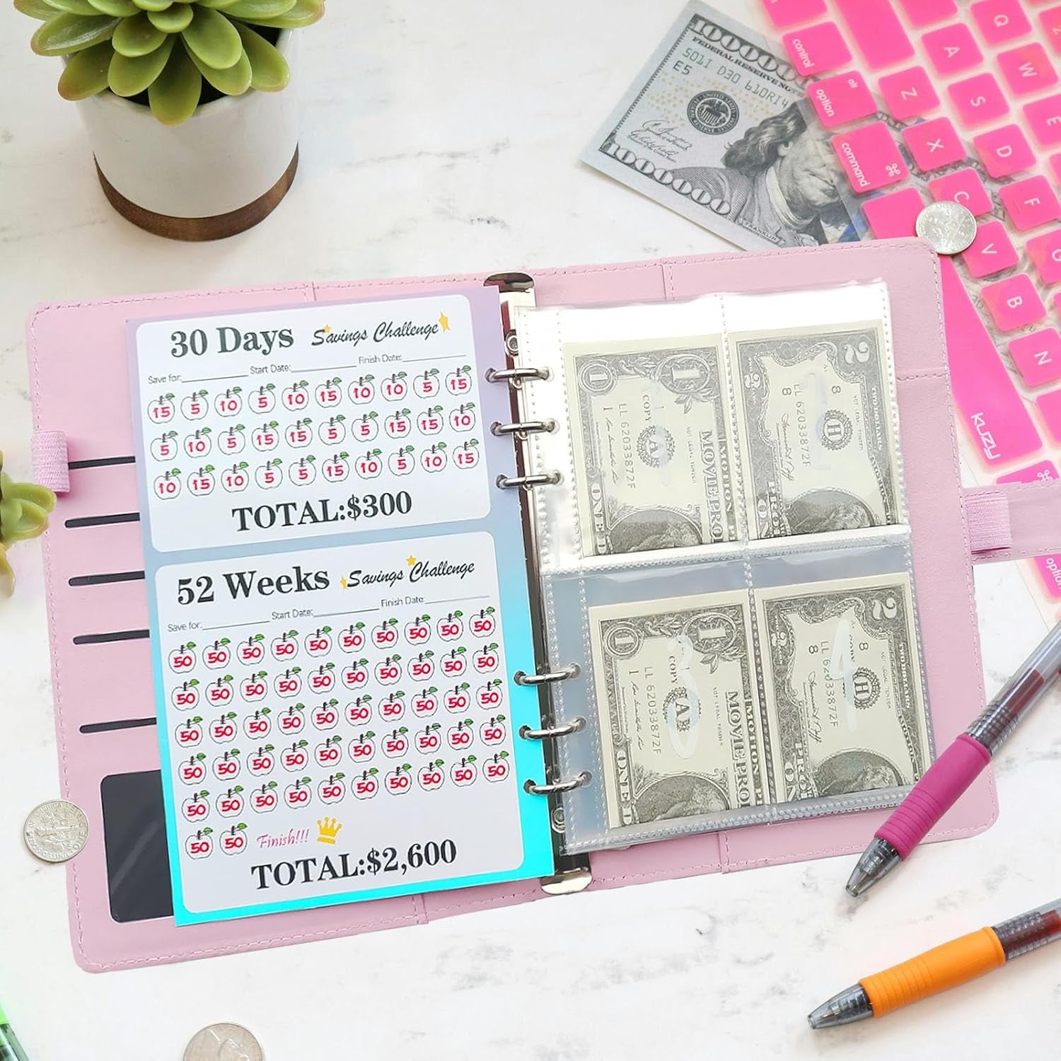 100 Envelopes Money Saving Challenge Binder, A5 Money Saving Budget Binder with Cash Envelopes, Savings Challenge Planner Book, Easy and Fun Way to save $5,050 (Pink)