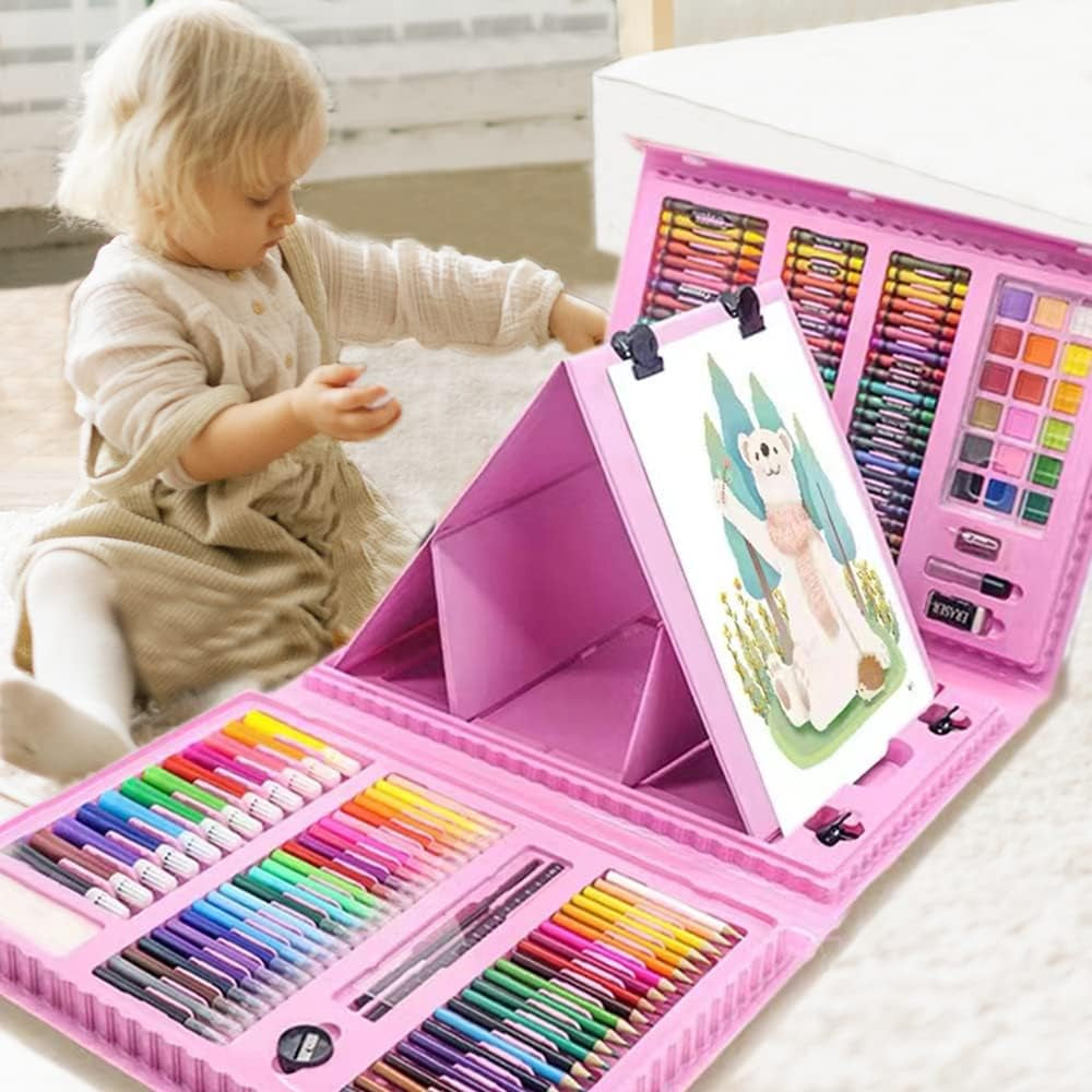 208 PCS Art Supplies, Drawing Art Kit for Kids Adults Art Set with Double Sided Trifold Easel, Oil Pastels, Crayons, Colored Pencils, Watercolor Pens Gift for Girls Boys Artist,Pink