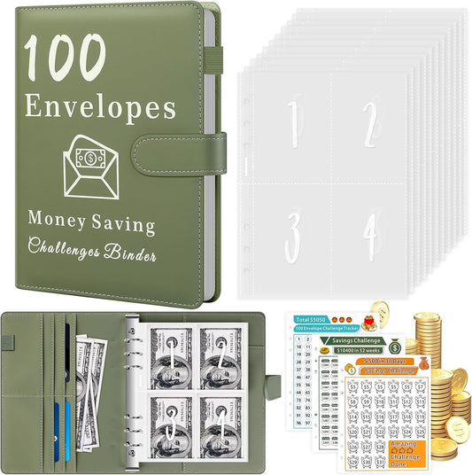 100 Envelopes Money Saving Challenge, A5 Budget Binder with Cash Envelopes & 3 Budgeting Planner Trackers to save $5,050, 10,400, 500, Money Savings Challenge Book for Organizer, Olivegreen