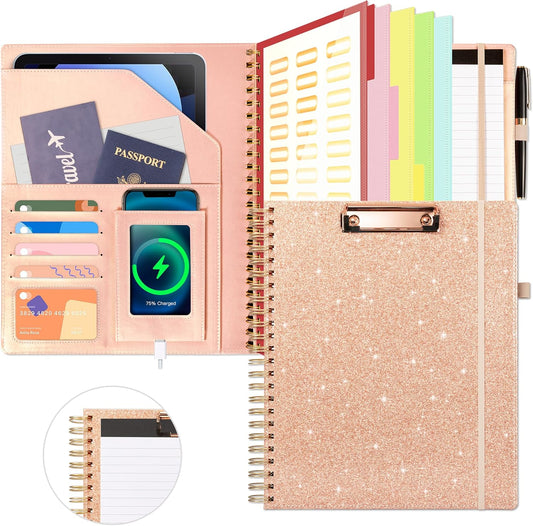 Clipboard with Storage for Men Women, Leather Padfolio Portfolio Organizer 5 Folders with 10 Pockets, Spiral Clipboard Folio with Notepad for Letter Size, Elastic Closure and Pen Loop Rose Gold