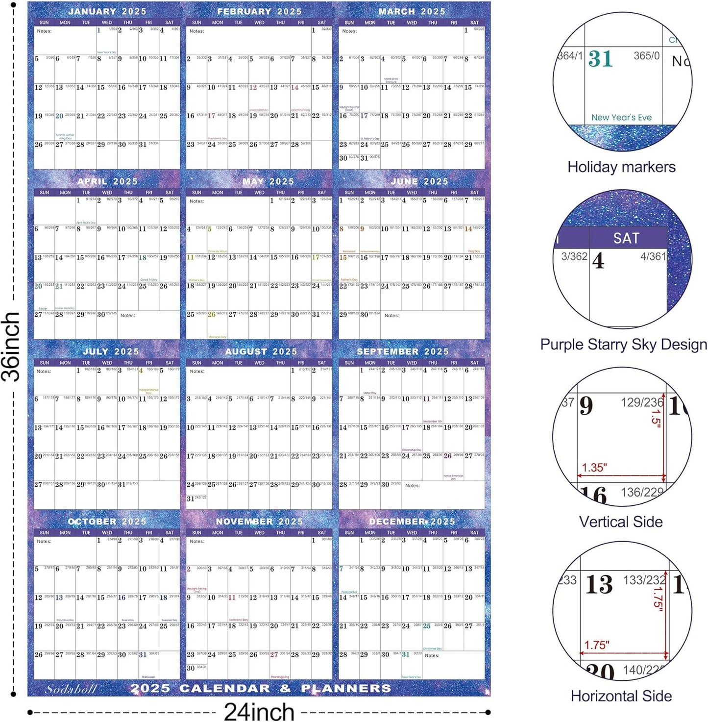 24" X 36" 2025 Wall Calendar Dry Erase - Large Starry Sky Calendar Wet & Dry Erasable Laminated 12 Month Annual Yearly Planner, Reversible, Horizontal/Vertical (2025 Wall Calendar)