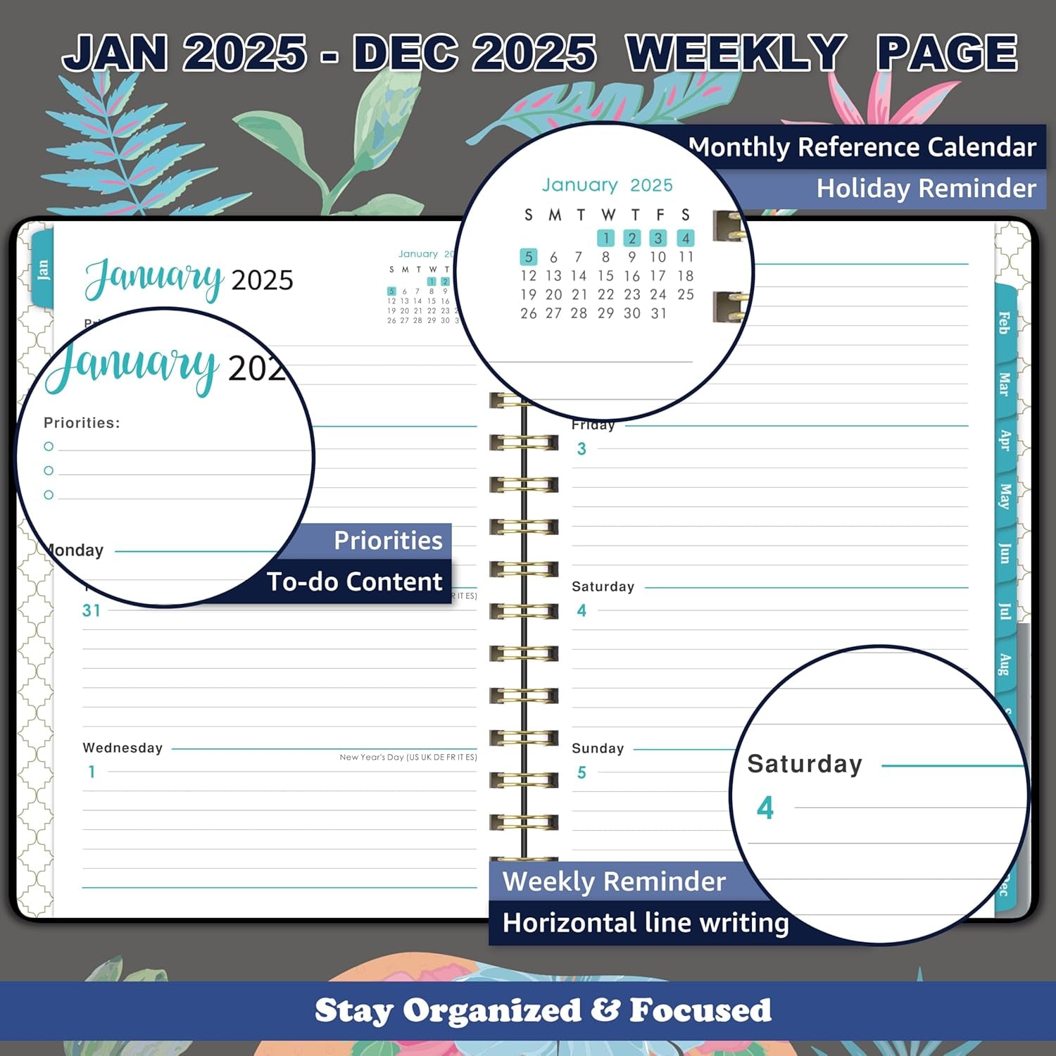 2025 Planner - Weekly & Monthly Planner 2025 with Monthly Tabs, Jan 2025 - Dec 2025, 6.3" X 8.4", Flexible Hardcover with Thick Paper, Elastic Closure, Inner Pocket