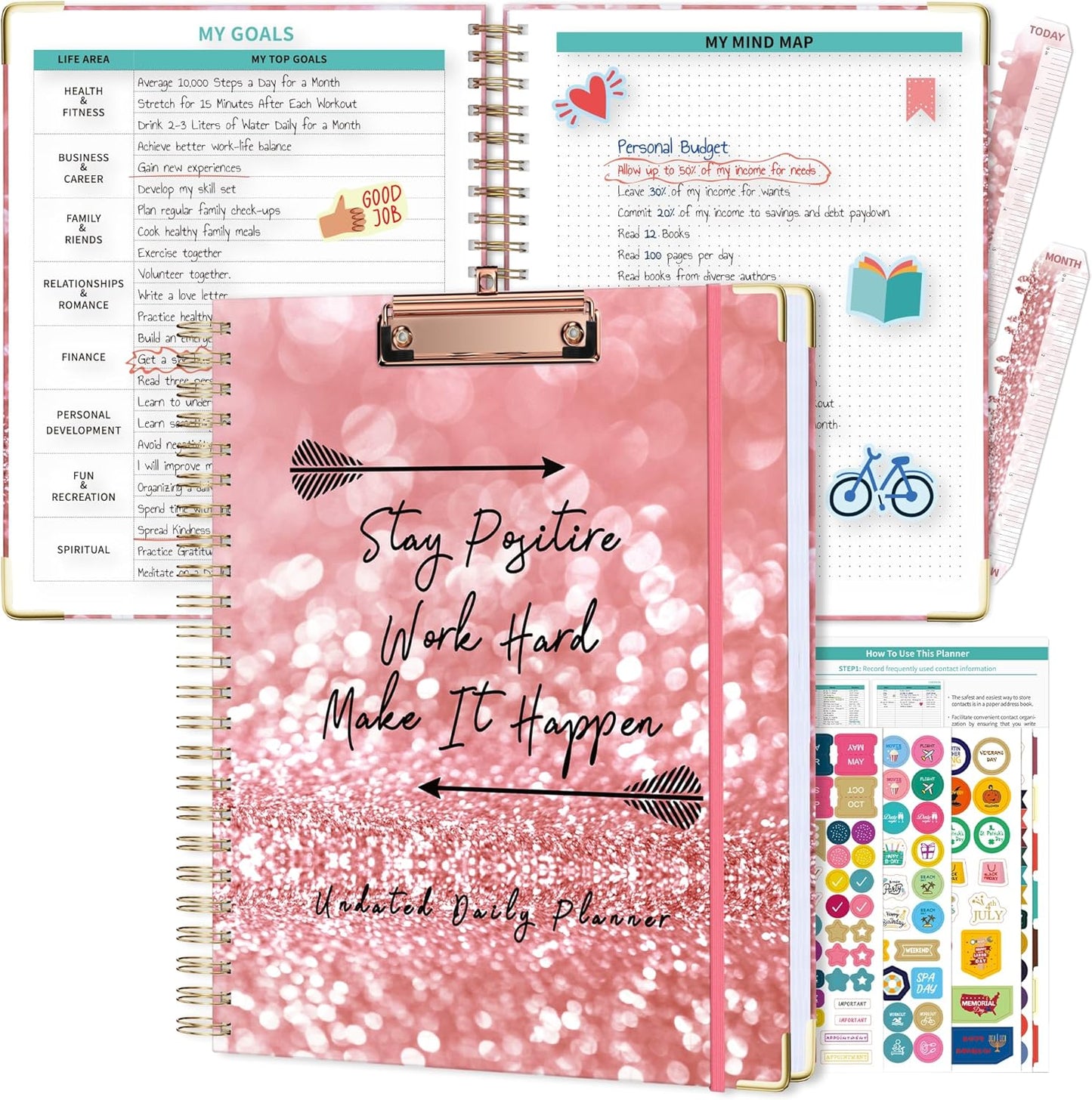 Undated Spiral Bound Planner Daily, Weekly and Monthly Planner, Pink Teacher Planner 12 Month 8.5 X 11