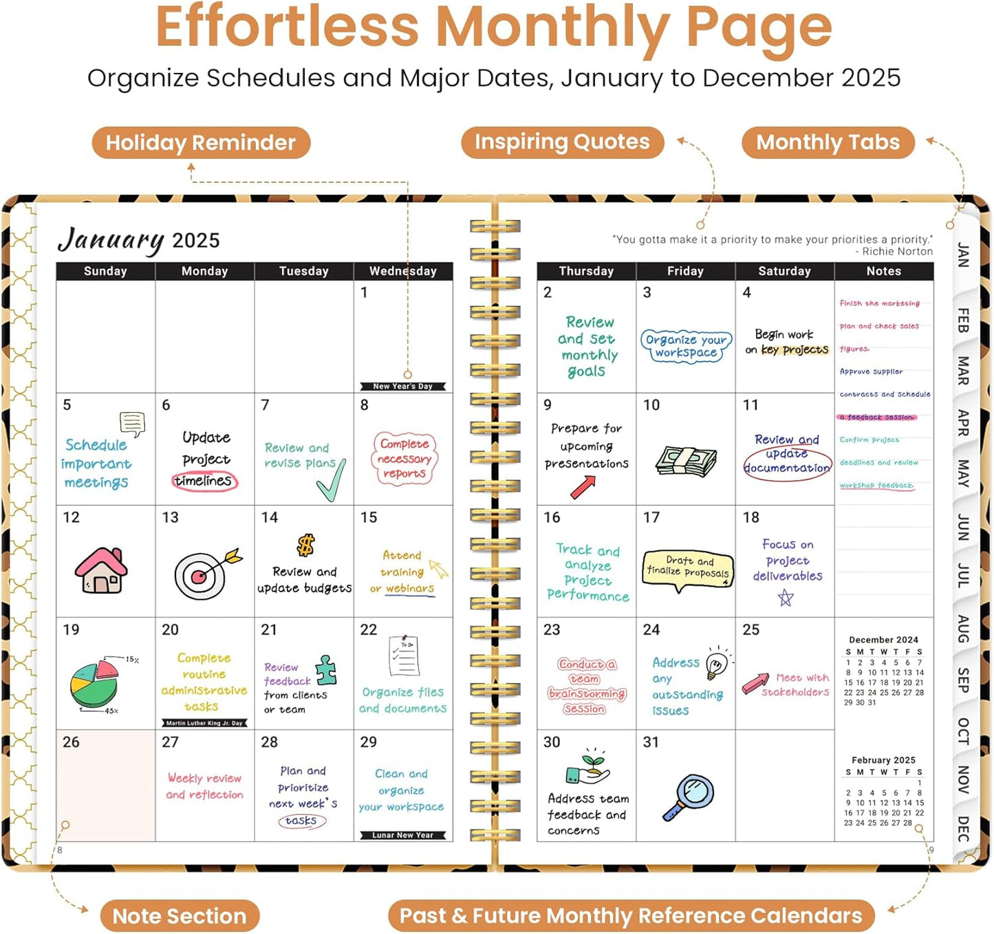 2025 Planner Weekly and Monthly, Jan 2025 - Dec 2025, Hardcover 2025 Calendar Planner Book with Monthly Tabs, Inner Pocket, Aesthetic Planner 2025 for Office Home School Planning - A5 (6.3" X 8.5"), Spiral Bound, Leopard