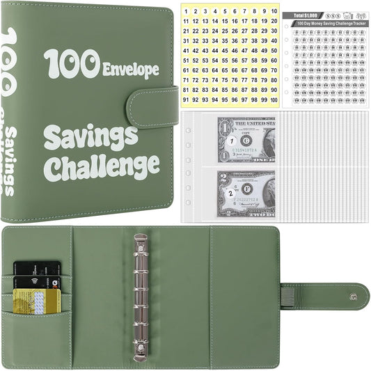 100 Envelopes Money Saving Challenge, Small 1000 Savings Challenge Binder with Cash Envelopes, Budget Binder for Budgeting and Organizing, Easy & Funny Way to save $1000, Green