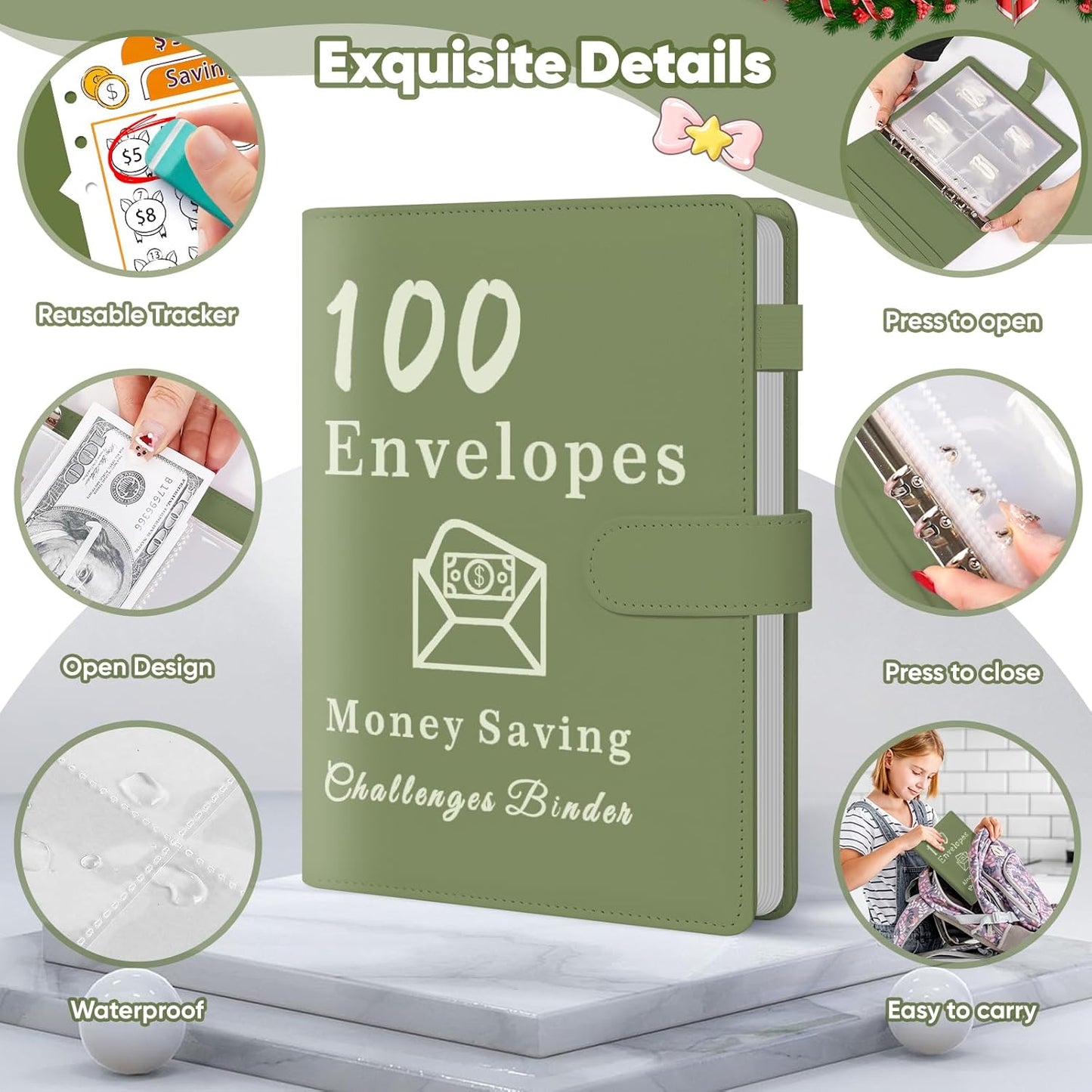 100 Envelopes Money Saving Challenge, A5 Budget Binder with Cash Envelopes & 3 Budgeting Planner Trackers to save $5,050, 10,400, 500, Money Savings Challenge Book for Organizer, Olivegreen