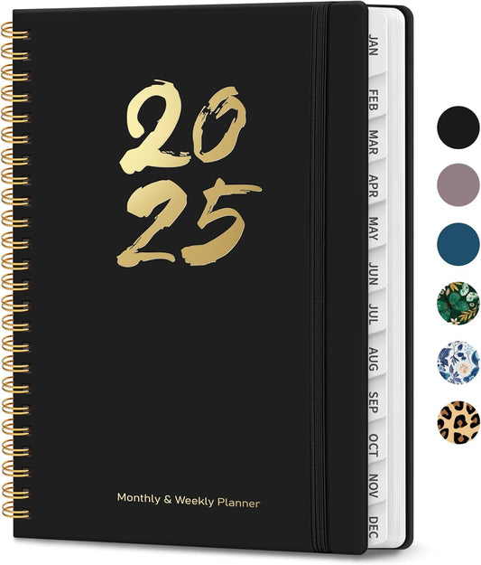 2025 Planner, Weekly and Monthly Calendar Planner Book (Jan 2025 - Dec 2025), Hardcover Planner 2025 with Tabs, Inner Pocket, Ideal Office Home School Supplies - A5 (6.3" X 8.5"), Spiral Bound, Black