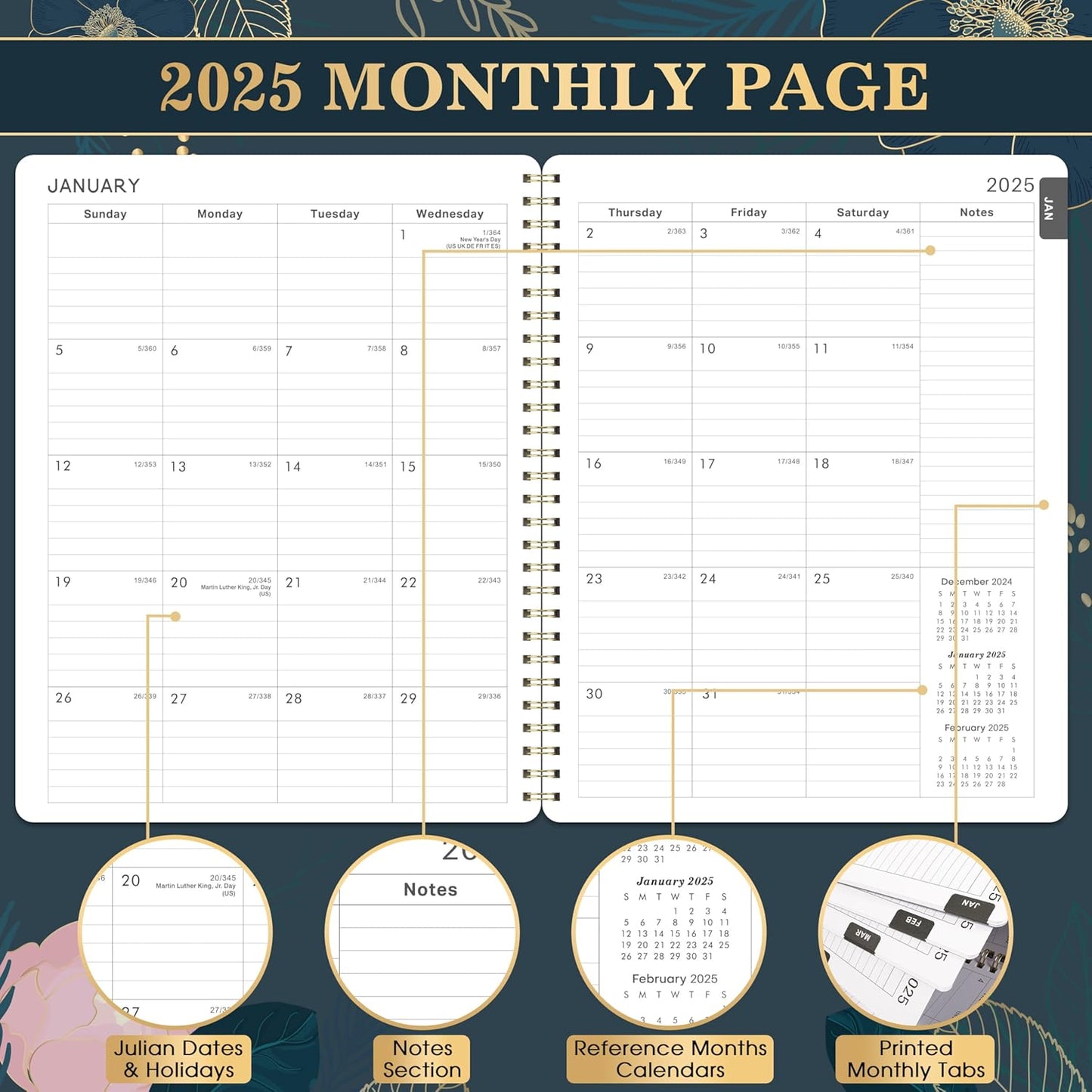 2025 Planner - Planner 2025, January 2025 - December 2025, Planner 2025, Weekly & Monthly Spreads, 8'' X 10", Tabs, Twin-Wire Binding