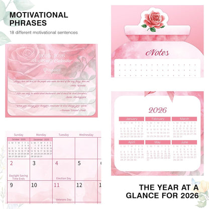 Floral Desk Calendar 2025-2026, Mini Pink Standing Motivational Rose Decorative Calendars, 18 Months, from January 2025 to June 2026, Home Office Decor Desk Accessories