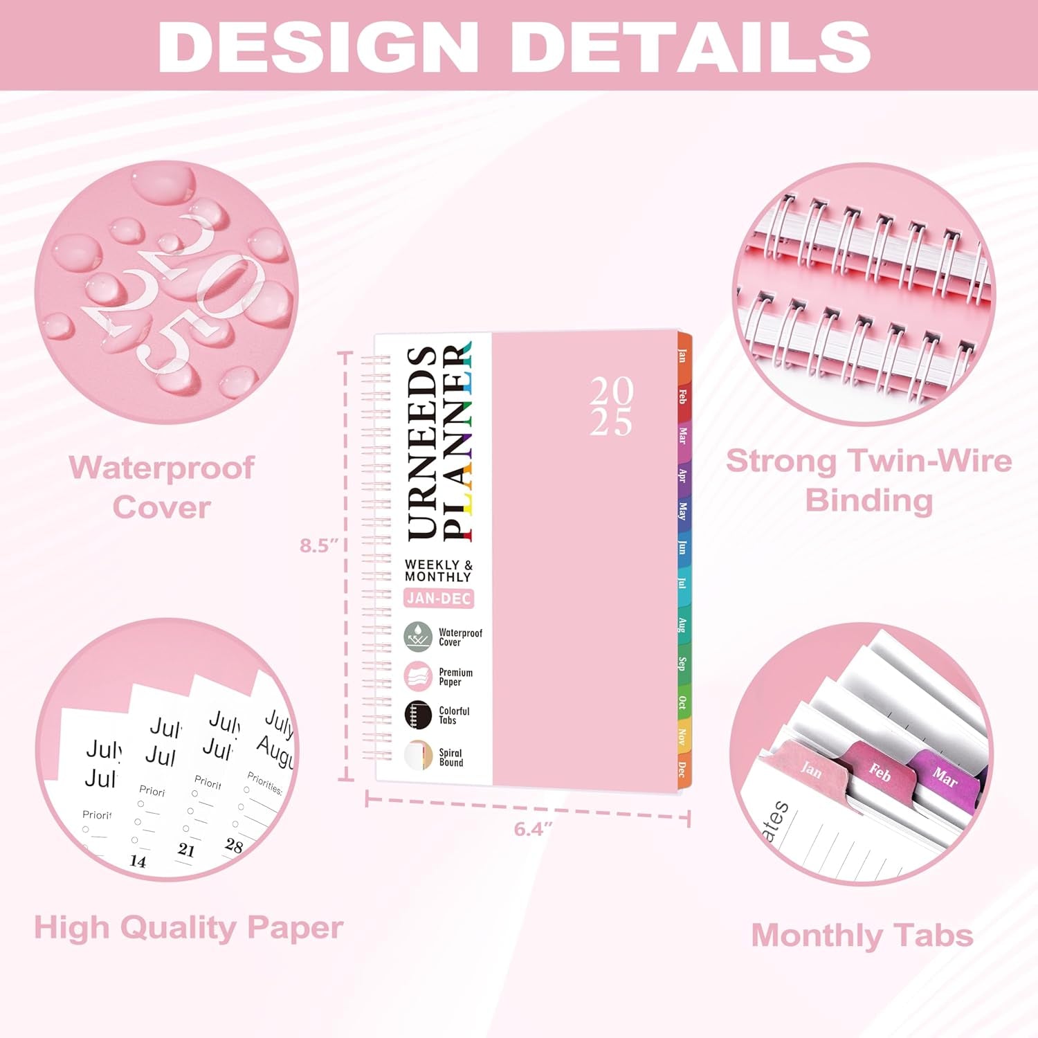 2025 Planner - Weekly Monthly Planner 2025, Calendar Planner from January 2025 to December 2025 with Spiral Bound, Inner Pocket, Colorful Tabs, 6.4'' X 8.5'' - Pink