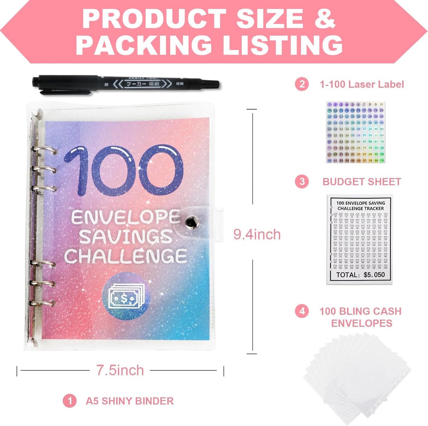 100 Envelopes Money Saving Challenge Binder, 2024 New & Shiny Budget Binder Saving Challenge Book, 100 Day Savings Challenge Binder with Cash Envelopes, Easy & Funny Way to save $5,050 Budget Planner