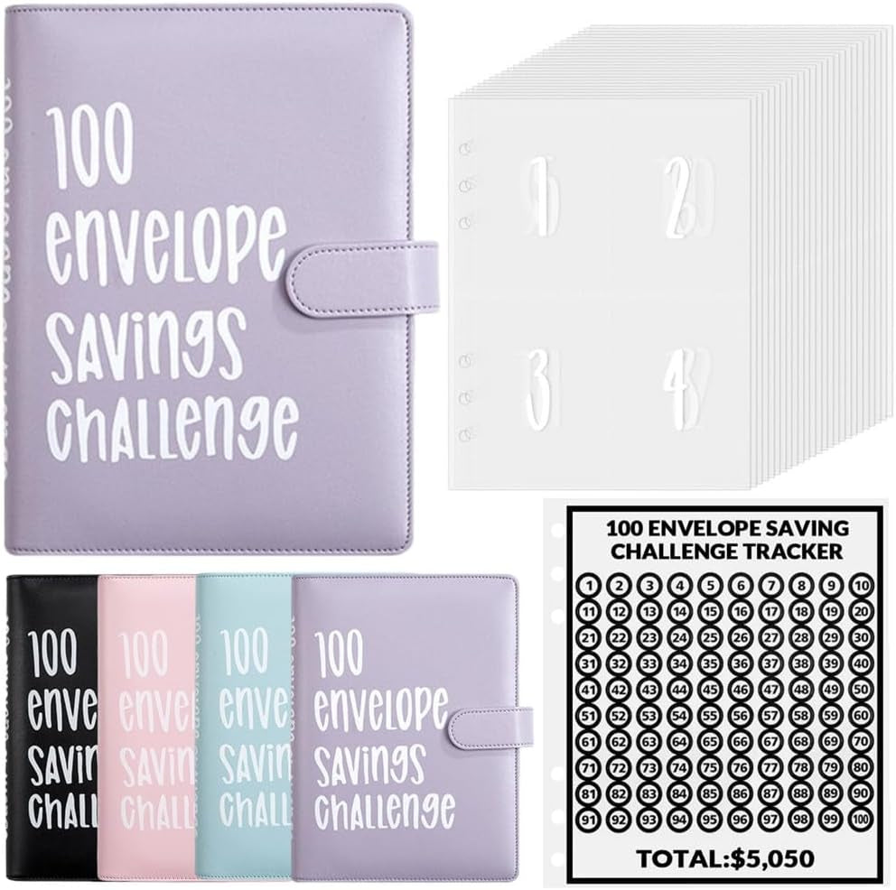 100 Envelope Challenge Binder Money Saving Binder, Easy and Fun Way to save $5,050, Cash Stuffing Binder Budget Planner Savings Challenge Book (Purple)