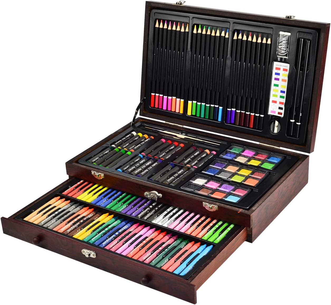 145 Piece Deluxe Art Set, Wooden Box & Drawing Kit with Crayons, Oil Pastels, Colored Pencils, Watercolor Cakes, Sketch Pencils, Paint Brush, Sharpener, Eraser, Color Chart (Cherry)