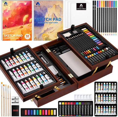 Art Supplies,  Deluxe Wooden Art Set Crafts Drawing Painting Kit with 2 Sketch Pads, Oil Pastels, Acrylic, Watercolor Paints, Creative Gifts Box for Adults Artist Kids Teens Girls