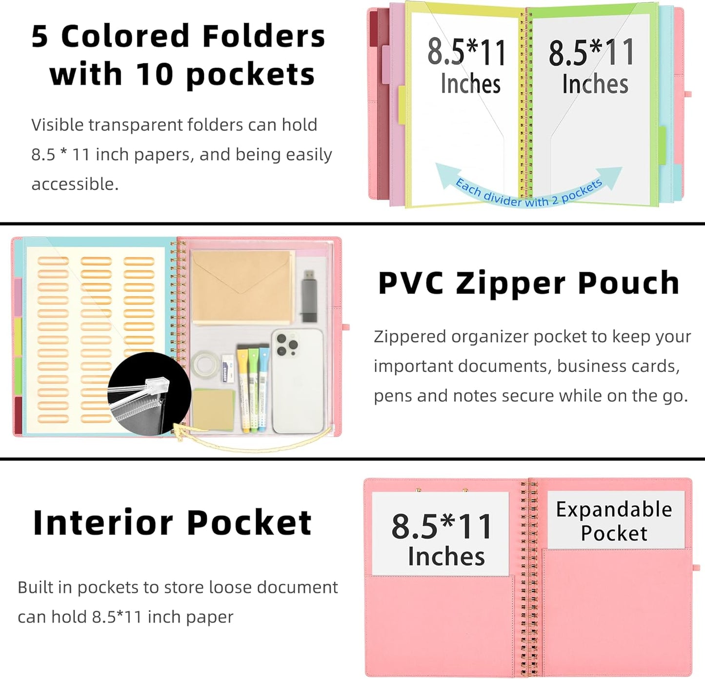 Foldable Spiral Clipboard Folio with Storage Zipper Pouch, 5 Plastic Folders with 10 Pockets,Refillable Lined Notepad (11" X 8.5"), Hardcover Project Organizer with 39 Stickers