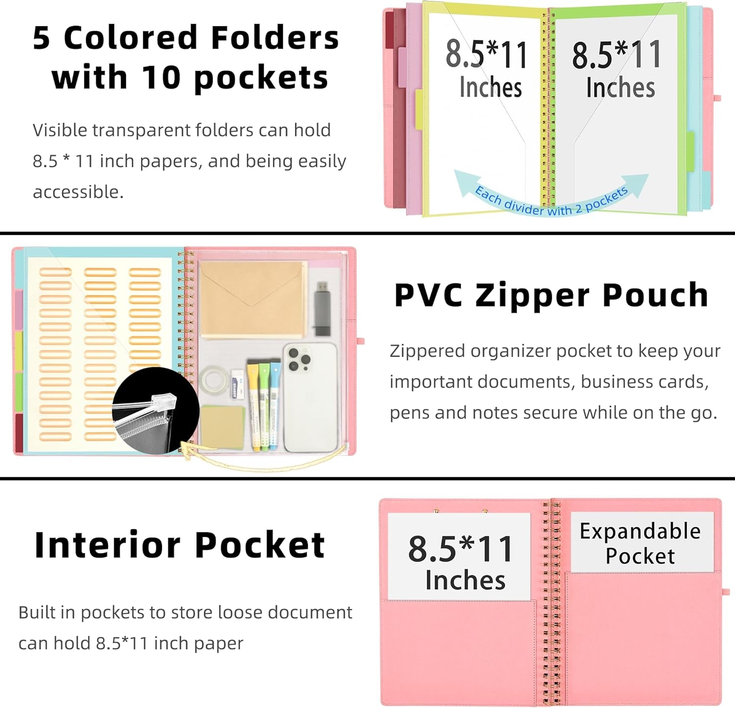 Foldable Spiral Clipboard Folio with Storage Zipper Pouch, 5 Plastic Folders with 10 Pockets,Refillable Lined Notepad (11" X 8.5"), Hardcover Project Organizer with 39 Stickers