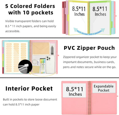 Foldable Spiral Clipboard Folio with Storage Zipper Pouch, 5 Plastic Folders with 10 Pockets,Refillable Lined Notepad (11" X 8.5"), Hardcover Project Organizer with 39 Stickers