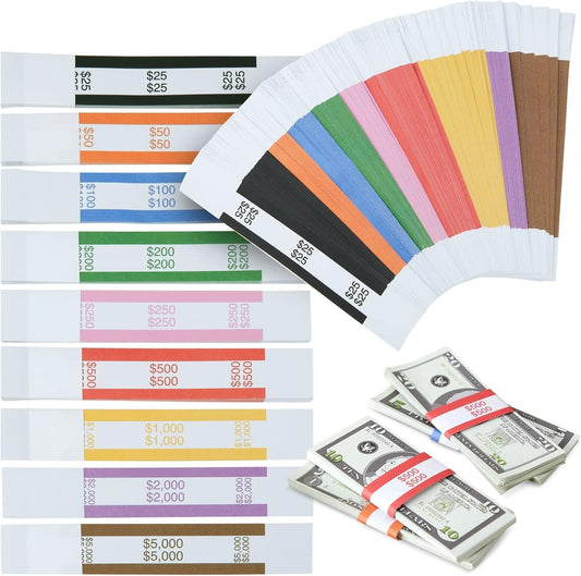 300-Pack of Money Bands for Cash, Assorted Self-Adhesive Currency Straps for Bill Wrappers, Organizing, Sorting Cash, 9 ABA Standard Colors (7.75 X 1.25 Inches)