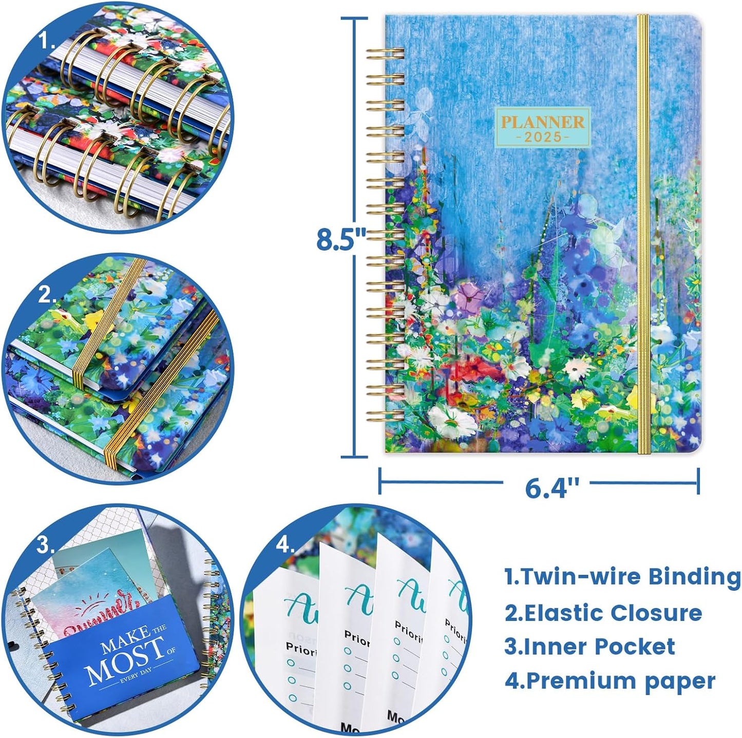 2025 Planner - 2025 Planner Weekly and Monthly, JAN. 2025 - DEC. 2025, 6.4" X 8.5", Calendar 2025 Planner with Monthly Tabs, Sturdy Cover, Premium Paper, Back Pocket, Strong Twin-Wire Binding