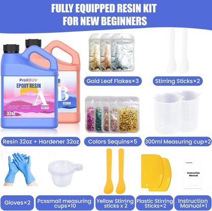 Epoxy Resin Kit, 64OZ Kit Crystal Clear Resin Epoxy, Bubble Free, No Yellowing, UV Resistant, Food Safe with Foil Flakes, Sequin, Easy Mix 1:1 for DIY Crafts Resin Jewelry Making