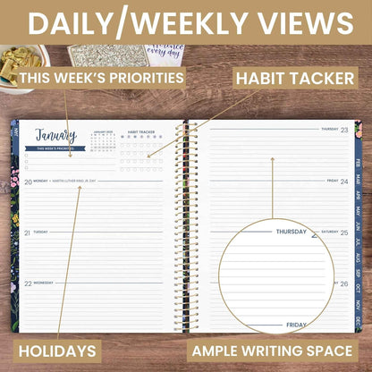 2025 (8.5" X 11") Calendar Year Day Planner (January 2025 - December 2025) - Weekly/Monthly Dated Agenda Organizer with Stickers & Tabs - Garden Party, Navy