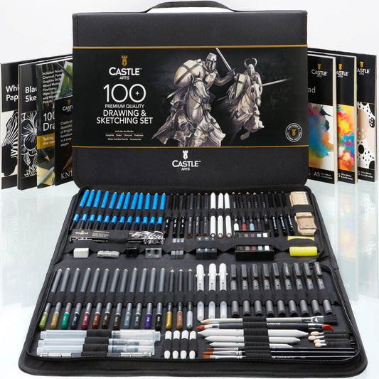 100 Piece Drawing & Sketching Set | Graphite, Charcoal, Pastel, Metallic & Water Soluble Pencils + Sticks, Fineliners | for Professionals, Adult Artists | in Tough Travel Case