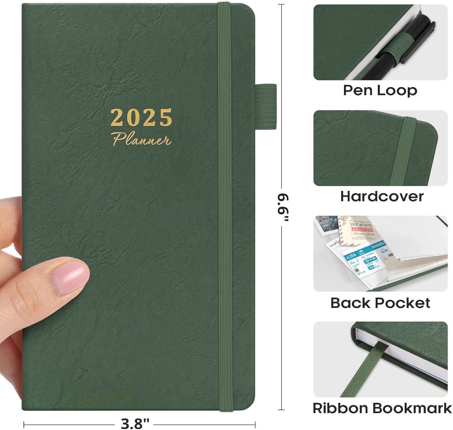 2025 Pocket Planner, Weekly and Monthly Planner Runs from Jan 2025 to Dec 2025, Hardcover 2025 Calendar Planner Book with Tabs, Inner Pocket, Ideal for Office Home School Supplies, A6 Pocket Purse Mini Size (3.8" X 6.6") - Green