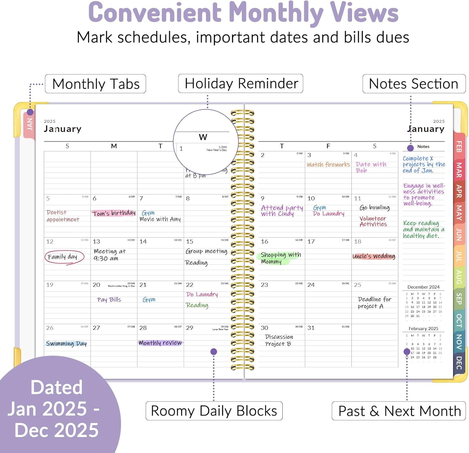 2025 Weekly and Monthly Planner (January 2025 - December 2025), 8.5" X 11", Hardcover 2025 Calendar Planner with Tabs, Spiral Daily Agenda Book with Inner Pocket, Cute Planner Organizer Notebook for Office Home School, A4, Purple